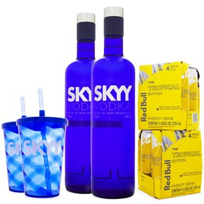 Combo 2 Vodka Skyy 750ml + 2 Copos Ed. Limitada Skyy + 8 Red Bull Tropical Edition 250ml