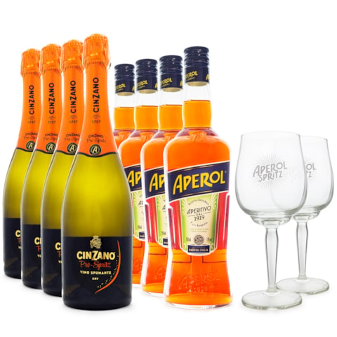 Combo Aperol Spritz Jumbo- 5 Aperol 750ml + 5 Espumantes Cinzano Pro-Spritz 750ml + 2 Taças de Vidro