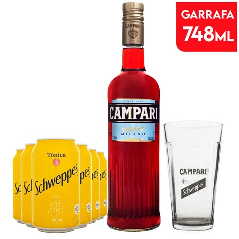 Combo Campari & Tonic - 1 Campari 748ml + 6 Tônicas Schweppes 350ml + Copo de Vidro