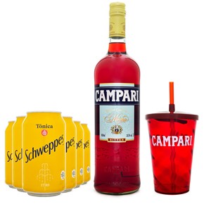 Combo Campari & Tônica Cocktail - Campari 900ml + 6 Tônicas Schweppes 350ml + Copo Campari