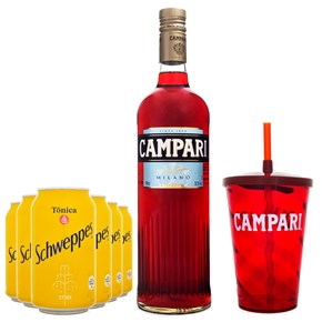 Combo Campari & Tônica Cocktail - Campari 998ml + 6 Tônicas Schweppes 350ml + Copo Campari