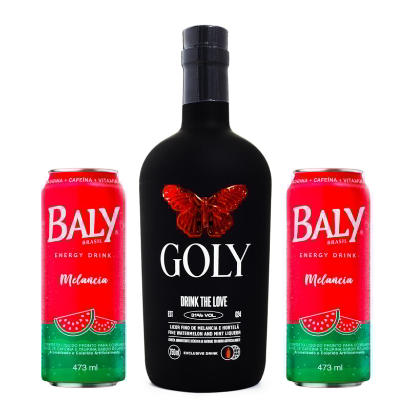 Combo Goly Licor de Melancia e Hortelã 750ml + 2un Energético Baly Melancia Latão 473ml