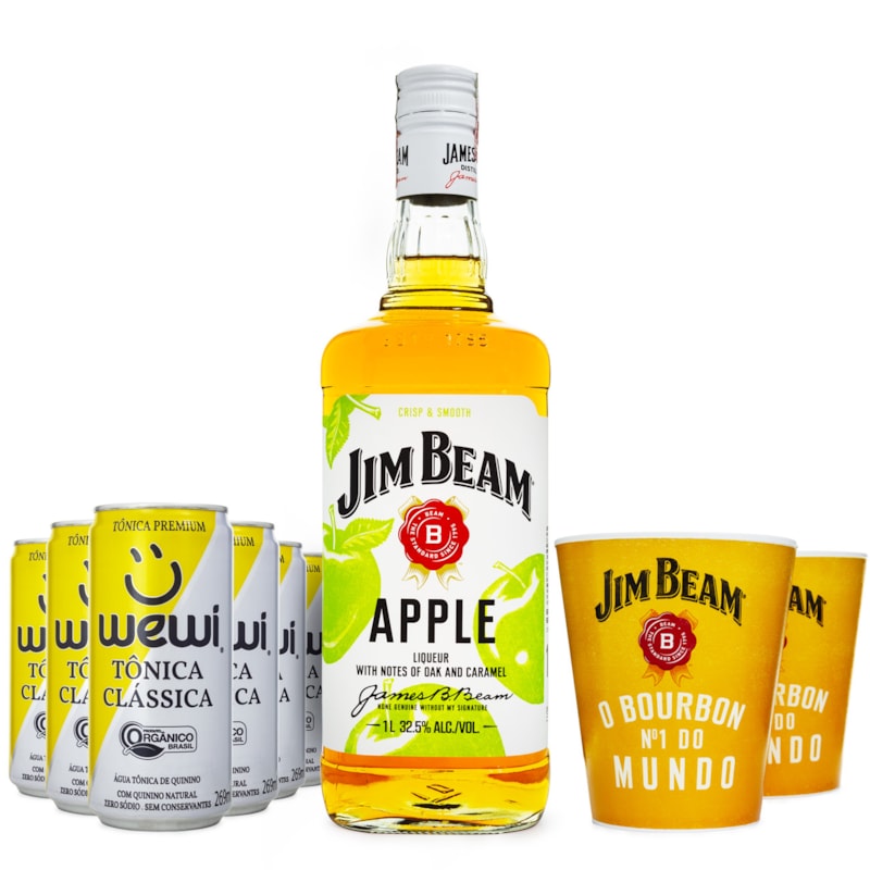 Combo Jim Beam Apple e Tônica - 1 Jim Beam Apple 1L + 6 Tônicas Wewi 250ml + 2 Copos