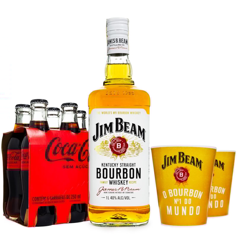 Combo Jim Beam Bourbon Whiskey 1L + 6 Coca-Cola Zero 250ml + 2 Copos JB