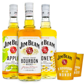 Combo Jim Beam Bourbon Whiskey 1L + JB Apple 1L + JB Honey 1L + Copos