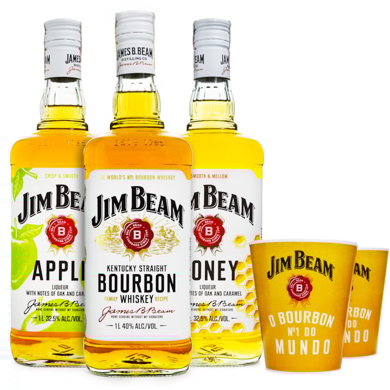 Combo Jim Beam Bourbon Whiskey 1L + JB Apple 1L + JB Honey 1L + Copos