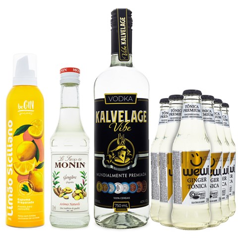 Combo Moscow Mule - Vodka Kalvelage Vibe 750ml + 6 Tônicas Wewi Ginger 255ml + Monin Gengibre 250ml + Espuma Limão Siciliano