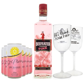 Combo Pink Gin - Beefeater Pink 700ml + 6 Pink Lemonade St. Pierre 270ml + 2 Taças de Acrílico