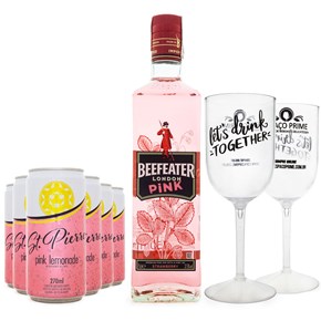 Combo Pink Gin - Beefeater Pink 750ml + 6 Pink Lemonade St. Pierre 270ml + 2 Taças de Acrílico