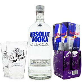 Combo Vodka Absolut 1L + 4 Red Bull Açaí Edition 250ml + 4 Red Bull 250ml + 2 Copos de Acrílico