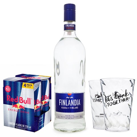 Combo Vodka Finlandia 1L + 4 Red Bull 250ml + 2 Copos de Acrílico