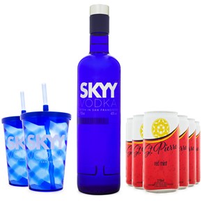 Combo Vodka Skyy 750ml + 2 Copos Skyy + 6 Refrigerante Red Mint St. Pierre 270ml