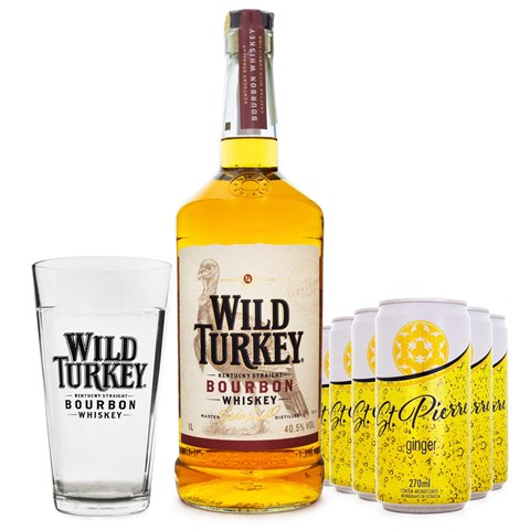 Kentucky Mule Cocktail Kit - Wild Turkey Bourbon Whiskey 1L + Ginger Beer + Copo de Vidro