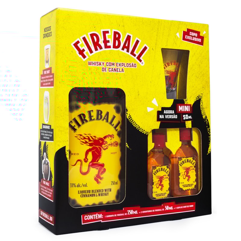 Kit Licor Fireball 750ml + 2 Miniaturas 50ml + Copo Shot