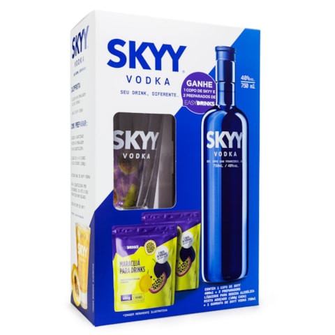 Kit Vodka Skyy 750ml + 2 Preparados para Drinks + Copo da Marca