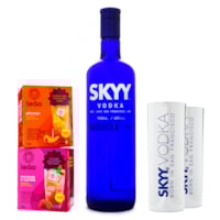 Kit Vodka Skyy 980ml + 2 Caixas Preparo para Drinks Chás Leão + 2 Copos Acrílico