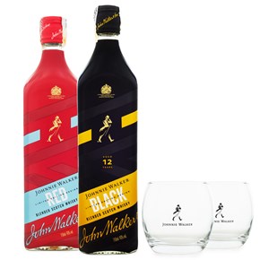Kit Whisky Johnnie Walker Black & Red Label Ed. Limitada 750ml + 2 Copos de Vidro JW