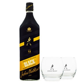 Kit Whisky Johnnie Walker Black Label 12 Anos Ed. Limitada 1L + 2 Copos de Vidro JW