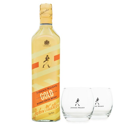 Kit Whisky Johnnie Walker Gold Label Ed. Limitada 750ml + 2 Copos de Vidro JW